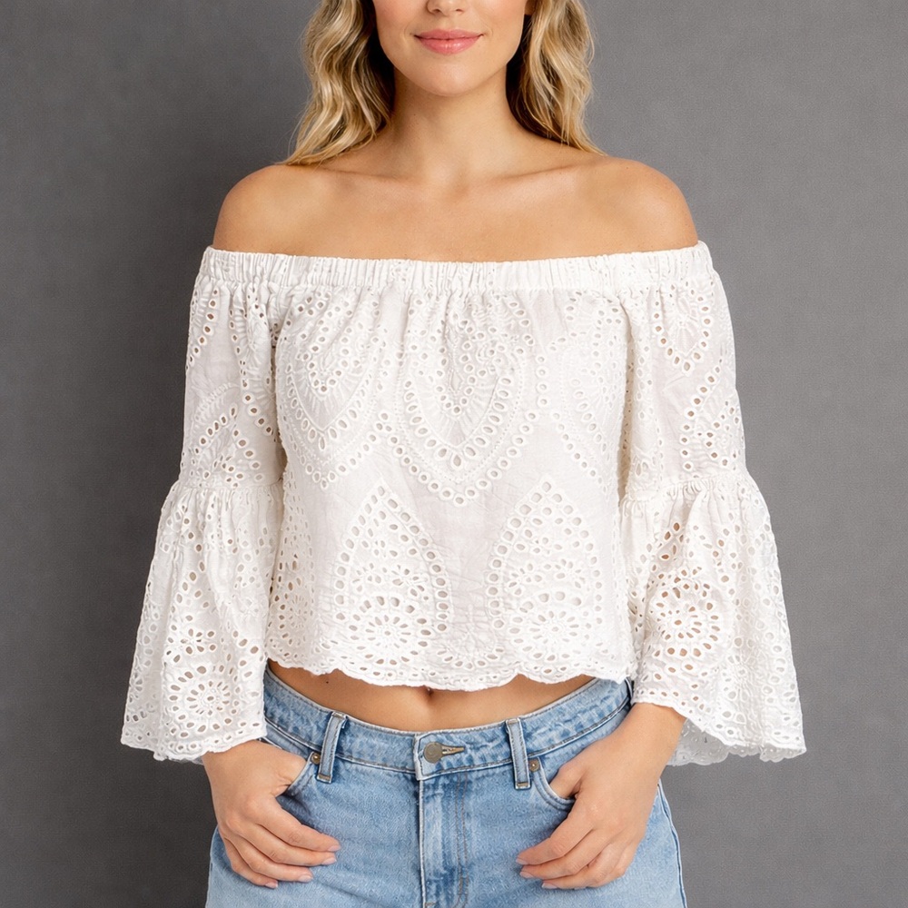 Blushing Heart Womens Large White Eyelet Off Shoulder Top Cottagecore Blouse